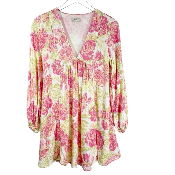 MAAJI Pink Beachy V-Neck Flowy Floral Mini Dress Medium - Picture 2 of 8